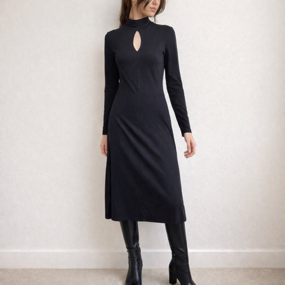 Modern Citizen Helena Black Scarf Neck Keyhole Jersey‎ Midi Dress XS Minimalist